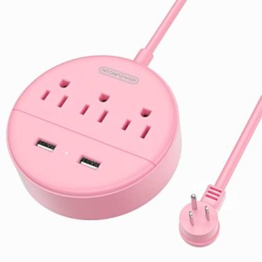 Imagem de Tira de alimentação de plugue plano com USB, cabo de extensão rosa NTONPOWER 1,5 m, estação de carregamento de mesa de cabeceira com 3 saídas e 2 USB, montagem na parede, tamanho pequeno para dormitório residencial, escritório listado em ETL