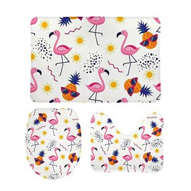 Imagem de My Little Nest Tapete de banheiro com 3 peças, flamingos rosa e abacaxi, tapete de banheiro de espuma viscoelástica, antiderrapante, lavável, tapete de contorno e tampa para banheiro