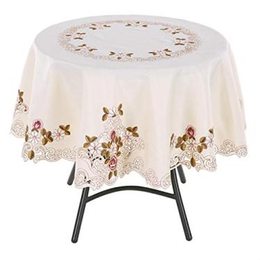 Imagem de Junluck Toalha de mesa de casamento resistente ao desgaste e resistente ao calor, toalha de mesa bordada com flor floral vermelha, para festa da cozinha (220 cm)