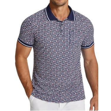 Imagem de COOFANDY Camisas polo masculinas manga curta impressão desempenho camisas de golfe moda casual praia colarinho camisetas, Azul-marinho (triângulo), P