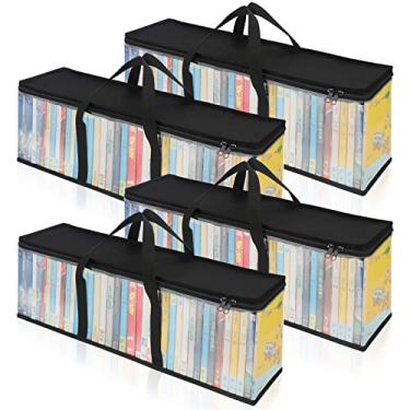 Imagem de CCidea Sacos de armazenamento de DVD (pacote com 4) bolsa organizadora de mídia para DVDs/CDs/discos de videogames/caixa VHS/disco Blu Ray, sacos de armazenamento de mídia de PVC transparente com alças – comporta até 160 CDs no total