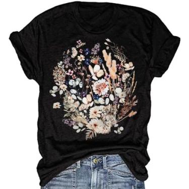 Imagem de Camiseta feminina vintage floral casual boho estampa floral girassol flores silvestres camisetas para meninas, 3-a-preto, G