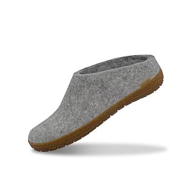 Imagem de GLERUPS Pantufas femininas e masculinas com sola de borracha | Pantufa unissex de lã sem cadarço | Chinelos confortáveis para uso externo e interno, Cinza, 13 Women/10.5 Men