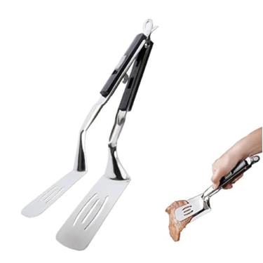 Imagem de Jrsoul He Pinça de cozinha de aço inoxidável 304 de 29,5 cm, espátula para virar pão, bife, peixe, torrada, fivela deslizante, design push-pull, clipe de comida para churrasco preto