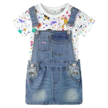 Imagem de CHUMHEY Conjuntos de vestidos jeans para bebês e meninas, camisetas de algodão com gola redonda, saias suspensórias, Branco e azul - 0136, 4-5 Anos