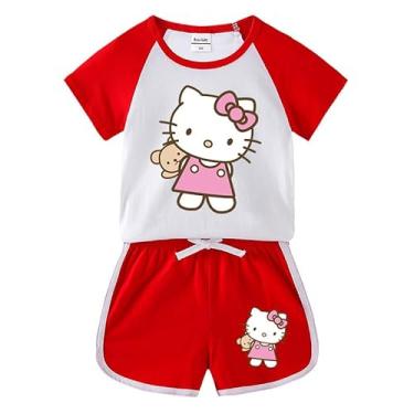Imagem de KwahKwah Conjunto de camiseta esportiva infantil Hellokitty infantil de 2 peças de algodão + nylon para crianças pequenas e grandes de 1 a 11 anos, Vermelho Hk, 1-2 Anos