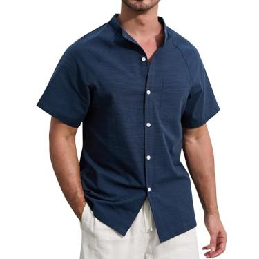 Imagem de SILKWORLD Camisa masculina casual de botão manga curta gola banda algodão linho camisa masculina Henley havaiana com bolso, 3a_azul marinho, XXG