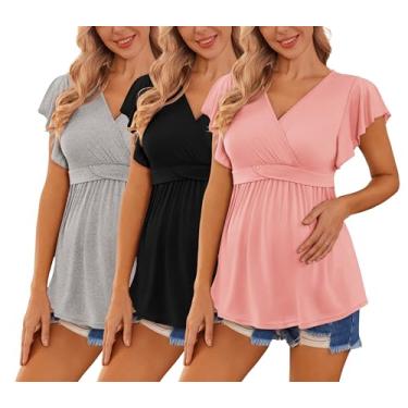Imagem de Ekouaer Camisetas femininas de maternidade pacote com 3 camisetas voadoras de manga curta para amamentação, gola V, roupas de gravidez, Cinza claro + preto + laranja rosa (3 peças), M