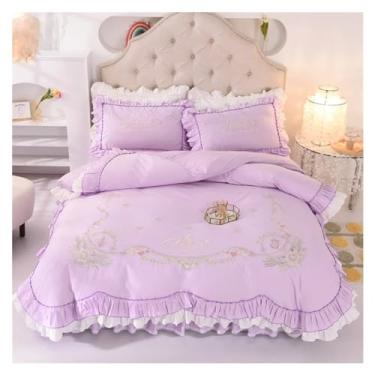 Imagem de Jogo de cama luxuoso branco rosa 100% algodão amor bordado floral princesa capa de edredom lençol saia de cama fronhas, lençóis de cama (roxo 1,8 m saia de cama 4 peças)