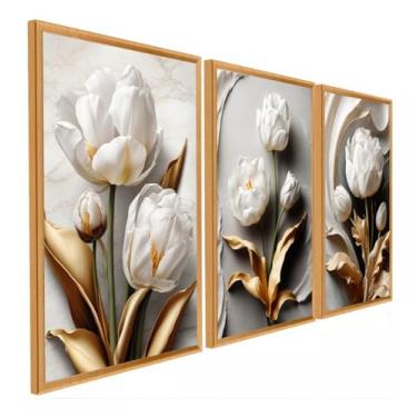 Imagem de Quadro Decorativo Flor Tulipa Branca Dourada Ouro Trio 3 Peças Fácil Fixação com Fita Dupla Face