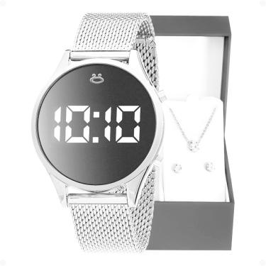 Imagem de Relógio Feminino Prata Digital Led Redondo + Brincos + Colar + Caixa Garantia