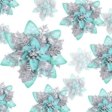 Imagem de 24 flores artificiais de poinsétia com glitter de Natal, poinsétia de Natal, decorações de flores artificiais de casamento, enfeites de árvore de Natal com clipes para lembrancinhas de festa, 15,2 cm,