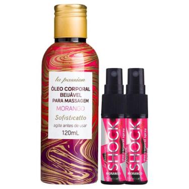 Imagem de Kit 1 Óleo beijável Morango Massagem Banho + 2 Óleo Spray Shock Plus M