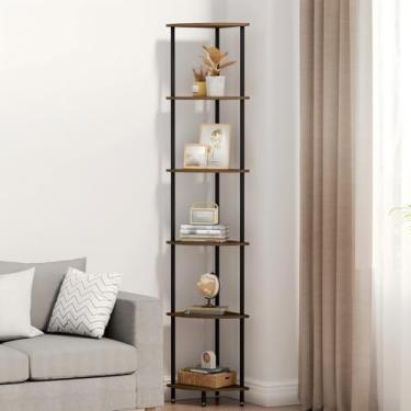 Imagem de QLSPTFTS Prateleira de canto de 6 camadas, estante para pequenos espaços, prateleira de canto para exibição, suporte de plantas, marrom rústico e preto, adequado para quarto, sala de estar, cozinha