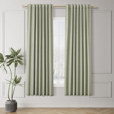 Imagem de Cortinas pretas verde-sálvia 182 cm de comprimento com isolamento térmico de linho texturizado para quarto, sala de estar, aba traseira, bolso para varão moderno, casa de fazenda, decoração de janela