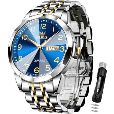 Imagem de OLEVS Relógio masculino simples, analógico, de aço inoxidável, à prova d'água, luminoso, data, fácil leitura, relógio masculino Wrsit, relógio azul masculino 9970, relógio masculino
