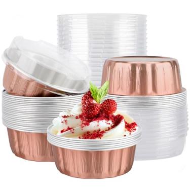 Imagem de EUSOAR Formas de alumínio com tampas, 25 peças de copos de cozimento de ouro rosa de 255 g, forros de cupcake, recipiente de cheesecake, padaria, cheesecakes, muffins, torta, envoltórios redondos para