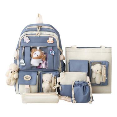 Imagem de Conjunto 5pcs Mochila Bolsa Estojo Kawaii Bookbag Jovem Azul