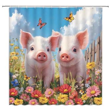 Imagem de MUENKKCS Cortina de chuveiro engraçada de porco fofo animal de fazenda aquarela floral folhas verdes borboleta cerca de madeira rústica casa de fazenda flores silvestres decoração de banheiro cortinas