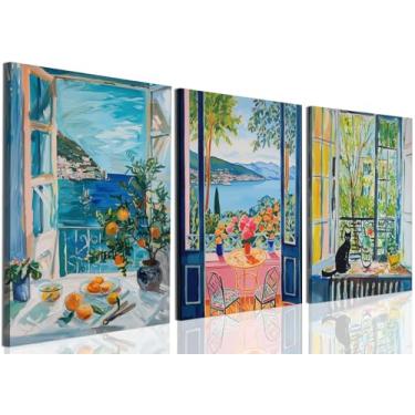 Imagem de WARTHZ Matisse Blue Coastal View Wall Art Conjunto de 3 Pintura de Flor de Gato Preto Decoração de Parede Vintage Janela Aberta Paisagem Impressão em Tela para Cozinha Sala de Estar 30,5 x 40,6 cm
