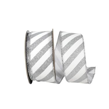 Imagem de Reliant Ribbon Fita de borda com fio com glitter diagonal listrada, branca/prata