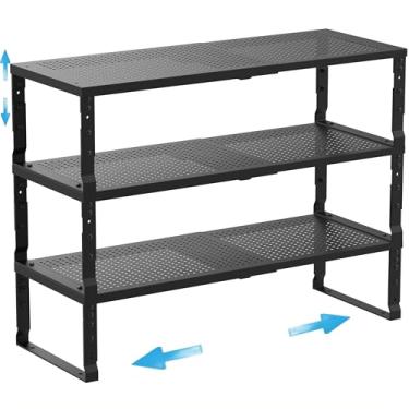 Imagem de Wobmmi Organizador de prateleira de armário de cozinha expansível para temperos, prateleiras de armazenamento empilháveis, prateleira de balcão ajustável para armários, bancadas, armários, despensa e muito mais (3 pacotes/preto/médio)