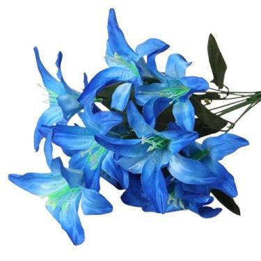 Imagem de Buquê de Lírio Artificial com 5 Flores P/Decoração Casamento, Arranjos, Decorar Festas e casa(4,Azul)