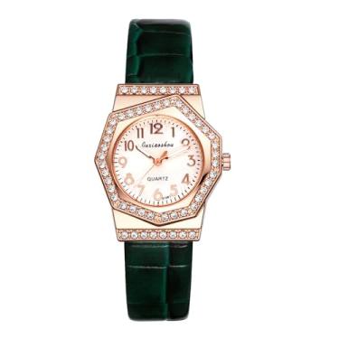 Imagem de Lancardo Relógio de couro feminino elegante: relógio de pulso feminino com pulseira preta com números arábicos de quartzo analógico e strass irregular, Verde