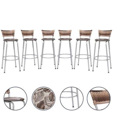 Imagem de Banco Para Balcão Alto Estrutura Prata Encosto Junco Cappuccino Ideal 