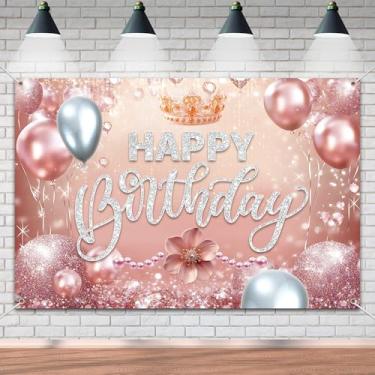Imagem de Faixa rosa feliz aniversário pano de fundo rosa rosa diamante glitter tema decoração de fundo para rainha, princesa, mulheres, meninas, festa de aniversário, celebração, decoração, suprimentos 183 x