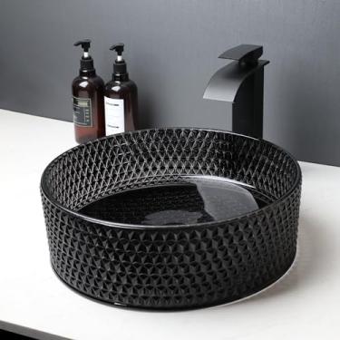 Imagem de Focitland Pia de vaso de banheiro de cristal preto com torneira de cachoeira e combinação de dreno, pia de vidro temperado em formato de diamante de 40,6 cm acima do balcão, pia de banheiro redonda