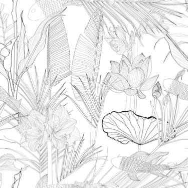 Imagem de Papel de parede floral preto e branco - folhas de palmeira da selva - autoadesivo removível - fácil de remover - cole no papel de parede - adequado para locatários - 45 x 300 cm