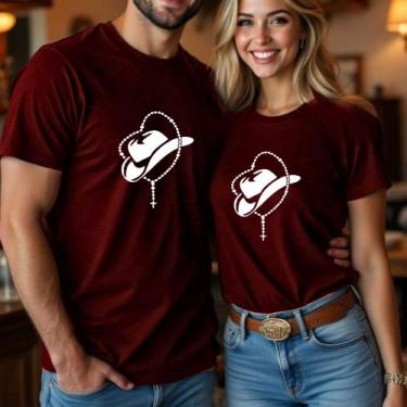 Imagem de Blusa Algodão Camiseta Casal Country Estampa Chapéu Terço Grande Modin