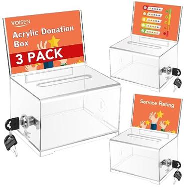 Imagem de VOISEN Caixa de doação transparente com fechadura, pacote com 3 urnas com suporte de placa, pote de ponta para arrecadação de fundos, caixas de votação com espaço para escola, conferência 15 x 12 x 9