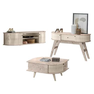 Imagem de Rack Bancada Suspensa Modena Com Aparador Estoril E Mesa De Centro Indianápolis Calacata Off White – Madetec