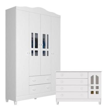 Imagem de Cômoda Gran Selena E Guarda Roupa Infantil Ariel 4 Portas Branco Brilho - Carolina