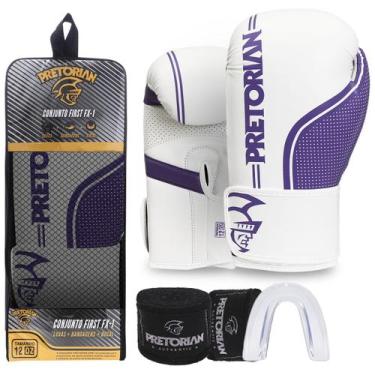 Imagem de Kit Luva de Boxe e Muay Thai First FX1 Pretorian, Branco, Lilás, 12 Oz