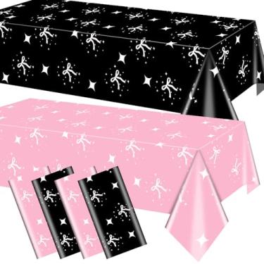 Imagem de Rictine 4 peças de decorações de aniversário com laço rosa/preto, 137 x 272 cm, toalhas de mesa retangulares descartáveis de plástico para mulheres, meninas, tema de laço, aniversário, chá de bebê