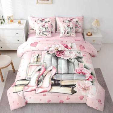 Imagem de Erosebridal Jogo de cama floral rosa em uma bolsa casal para meninas, feminino, moderno, moderno, conjunto de edredom com lençóis, perfume, fantasia de salto alto sonhador e livro com estrelas