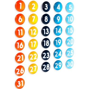 Imagem de Tellegloww Grandes números de calendário magnético, ímãs de calendário de vidro colorido para quadro branco apagável a seco, quadro branco magnético, geladeira 3,5 cm (laranja azul)