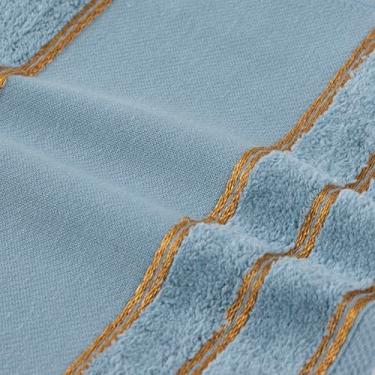 Imagem de Kit 6 Toalhas Lavabo Social de Mão p/Bordar Toalhinha Manicure Mão e Pé Fitness Academia Escolar 50x30cm 100% Algodão 400g/m² Barrado Ponto Russo Fio Dourado (AZUL)