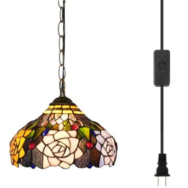 Imagem de Blivuself Tiffany Luminárias Pingente Flores Rosa Vitral Lâmpada Pendurada 30,5 cm Estilo Antigo Plug In Light para Casa Cozinha Ilha Jantar Sala de Estar Corredor Balcão Bar