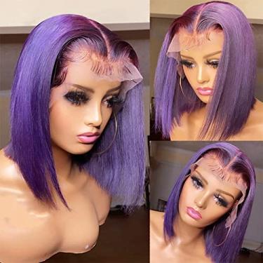 Imagem de Smavida Perucas de cabelo humano liso roxo perucas bob sem cola pré-aparadas com baby hair lilás Bob 33 × 4 perucas lace frontal 30,5 cm 150% densidade lace frontal perucas cabelo humano Bob peruca para mulheres (pode ser remodelado)