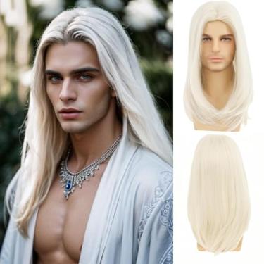 Imagem de Daiaces Peruca masculina de cabelo longo, loiro platinado, liso, parte do meio, resistente ao calor, para festa diária, fantasia de Dia das Bruxas