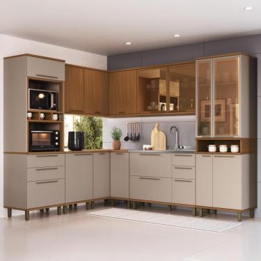 Imagem de Cozinha Modulada Completa Fidelitá Barcelona 8 Peças 484cm 17 Portas 4 Gavetas Sem Tampo Freijó/Camurça