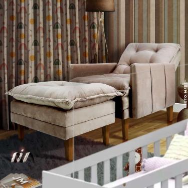 Imagem de Cadeira De Amamentação Reclinável Com Puff Veludo Bege Laurent Jm Móveis