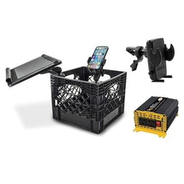 Imagem de AutoExec Estação de trabalho Milkcrate para veículos e escritório móvel com bandeja para laptop, inversor de potência de 400 watts, suporte para telefone e clipe de ventilação do telefone