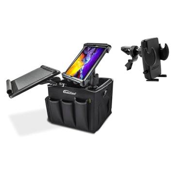 Imagem de AutoExec Estação de trabalho de escritório móvel e veículo Milkcrate com organizador de avental, bandeja para laptop, suporte para tablet e clipe de ventilação de telefone