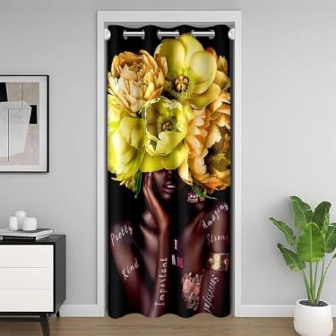Imagem de jejeloiu Cortina de porta preta para privacidade de porta 132 x 213 cm 1 painel infantil africano feminino capa de armário para meninos meninas mulheres amarelo floral cortina divisória de quarto