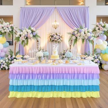 Imagem de CREATCABIN Saia de mesa arco-íris pastel saias de mesa de 1,8 m saias de mesa de tule decoração capa de toalha de mesa babados tutu retângulo poliéster com fita adesiva para princesa, casamento, festa